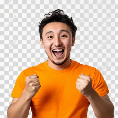 stock image of a young Kazakh man wearing an orange t-shirt. He is joyfully expressing his excitement, with a big smile on his face. The background should be white to highlight his emotions and the brightness of the t-shirt.