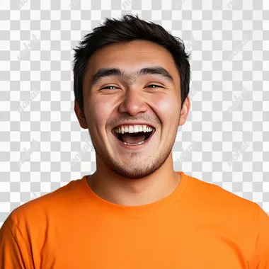 stock image of a young Kazakh man wearing an orange t-shirt. He is joyfully expressing his excitement, with a big smile on his face. The background should be white to highlight his emotions and the brightness of the t-shirt.