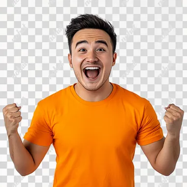 stock image of a young Kazakh man wearing an orange t-shirt. He is joyfully expressing his excitement, with a big smile on his face. The background should be white to highlight his emotions and the brightness of the t-shirt.