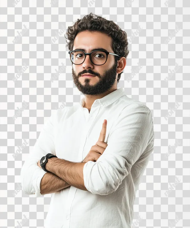PNG Teacher with glasses and beard pointing sideways in classroom setting