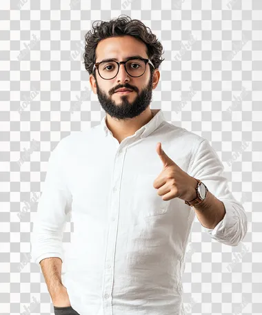 Teacher standing sideways to the camera with a wise face and pointing, white background