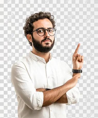 Teacher standing sideways to the camera with a wise face and pointing, white background