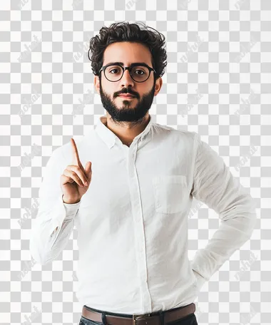 Teacher standing sideways to the camera with a wise face and pointing, white background