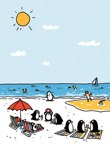 Use the characters from the image prompts and place them on a beach with yellow sand and a bright blue sky viewed from a high-angle perspective (slightly tilted top-down view), with dynamic composition and movement apply the visual style from the reference image, keeping a clean, colorful and playful atmosphere