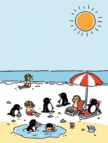 Use the characters from the image prompts and place them on a beach with yellow sand and a bright blue sky viewed from a high-angle perspective (slightly tilted top-down view), with dynamic composition and movement apply the visual style from the reference image, keeping a clean, colorful and playful atmosphere