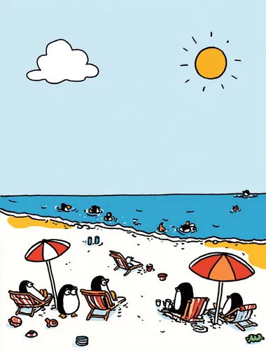 Use the characters from the image prompts and place them on a beach with yellow sand and a bright blue sky viewed from a high-angle perspective (slightly tilted top-down view), with dynamic composition and movement apply the visual style from the reference image, keeping a clean, colorful and playful atmosphere