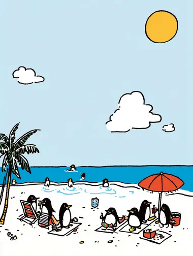 Use the characters from the image prompts and place them on a beach with yellow sand and a bright blue sky viewed from a high-angle perspective (slightly tilted top-down view), with dynamic composition and movement apply the visual style from the reference image, keeping a clean, colorful and playful atmosphere