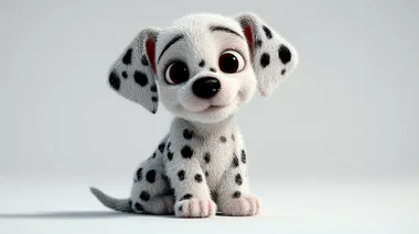 Adorable baby Dalmatian puppy, oversized head, large round expressive eyes, small rounded muzzle, chubby cheeks, clear black spots on smooth white fur, playful sitting pose, plain white background, cute cartoon style, 3D render, soft lighting, high quality, 4K.