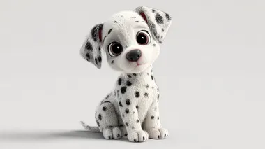 Adorable baby Dalmatian puppy, oversized head, large round expressive eyes, small rounded muzzle, chubby cheeks, clear black spots on smooth white fur, playful sitting pose, plain white background, cute cartoon style, 3D render, soft lighting, high quality, 4K.