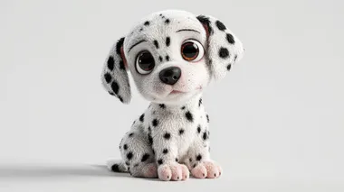 Adorable baby Dalmatian puppy, oversized head, large round expressive eyes, small rounded muzzle, chubby cheeks, clear black spots on smooth white fur, playful sitting pose, plain white background, cute cartoon style, 3D render, soft lighting, high quality, 4K.