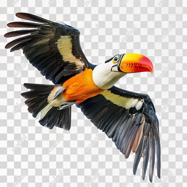 Ramphastos tucanus in flightwhite background, captured in a realistic photographic style