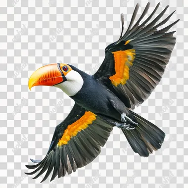 Ramphastos tucanus in flightwhite background, captured in a realistic photographic style