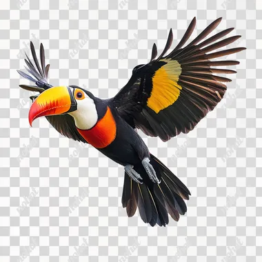 Ramphastos tucanus in flightwhite background, captured in a realistic photographic style