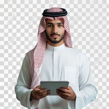 Picture of a young man standing fully, looking proudly, wearing the Saudi thobe without a shemagh and holding a tablet, blue background