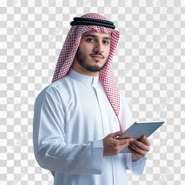 Picture of a young man standing fully, looking proudly, wearing the Saudi thobe without a shemagh and holding a tablet, blue background