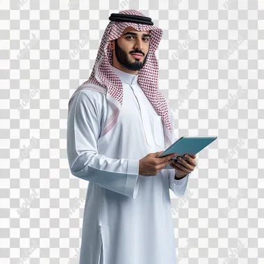 Picture of a young man standing fully, looking proudly, wearing the Saudi thobe without a shemagh and holding a tablet, blue background