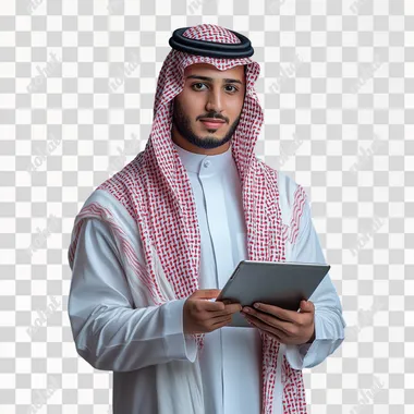 Picture of a young man standing fully, looking proudly, wearing the Saudi thobe without a shemagh and holding a tablet, blue background