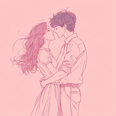 Draw the outline in a bold style. Back ground color is pink.A man and a woman are facing each other and embracing. Their clothing are blowing in the wind. The woman is wearing a skirt. drawn in the style of Japanese shoujo manga. The scene conveys a sense of romance and intimacy, with soft lines and emotional depth typical of the genre, bright color