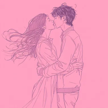 Draw the outline in a bold style. Back ground color is pink.A man and a woman are facing each other and embracing. Their clothing are blowing in the wind. The woman is wearing a skirt. drawn in the style of Japanese shoujo manga. The scene conveys a sense of romance and intimacy, with soft lines and emotional depth typical of the genre, bright color