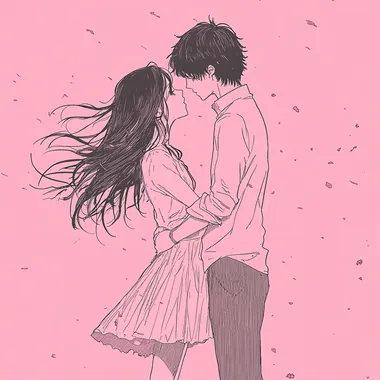 Draw the outline in a bold style. Back ground color is pink.A man and a woman are facing each other and embracing. Their clothing are blowing in the wind. The woman is wearing a skirt. drawn in the style of Japanese shoujo manga. The scene conveys a sense of romance and intimacy, with soft lines and emotional depth typical of the genre, bright color