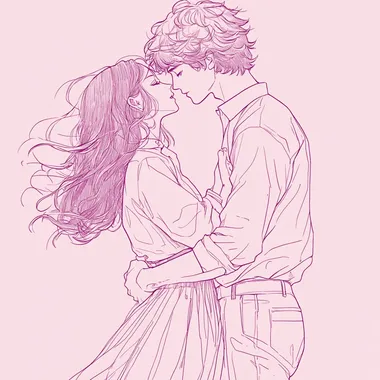 Draw the outline in a bold style. Back ground color is pink.A man and a woman are facing each other and embracing. Their clothing are blowing in the wind. The woman is wearing a skirt. drawn in the style of Japanese shoujo manga. The scene conveys a sense of romance and intimacy, with soft lines and emotional depth typical of the genre, bright color