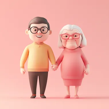 3D vector illustration of a middle-aged adult gently holding hands with an elderly person, both smiling warmly, emotional connection, pastel pink solid background, soft shadows, clean minimal style