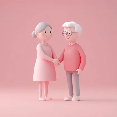 3D vector illustration of a middle-aged adult gently holding hands with an elderly person, both smiling warmly, emotional connection, pastel pink solid background, soft shadows, clean minimal style