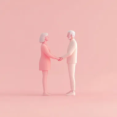 3D vector illustration of a middle-aged adult gently holding hands with an elderly person, both smiling warmly, emotional connection, pastel pink solid background, soft shadows, clean minimal style