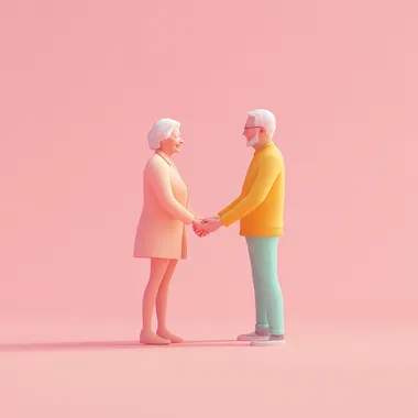 3D vector illustration of a middle-aged adult gently holding hands with an elderly person, both smiling warmly, emotional connection, pastel pink solid background, soft shadows, clean minimal style