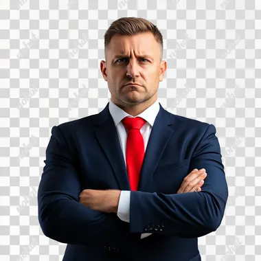 stocky petulant politician in navy suit with white shirt and red tie, arms folded tightly against his chest, blank white background