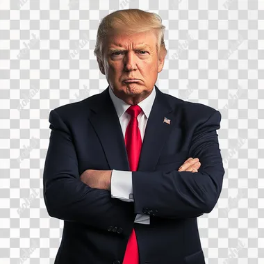 stocky petulant politician in navy suit with white shirt and red tie, arms folded tightly against his chest, blank white background