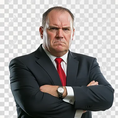 stocky petulant politician in navy suit with white shirt and red tie, arms folded tightly against his chest, blank white background