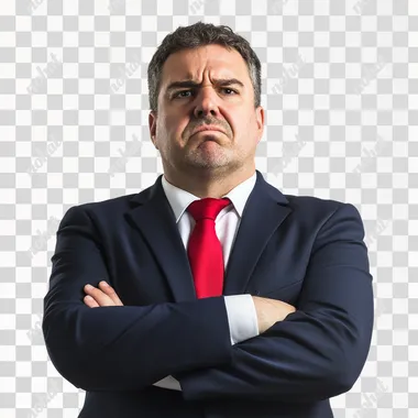 stocky petulant politician in navy suit with white shirt and red tie, arms folded tightly against his chest, blank white background