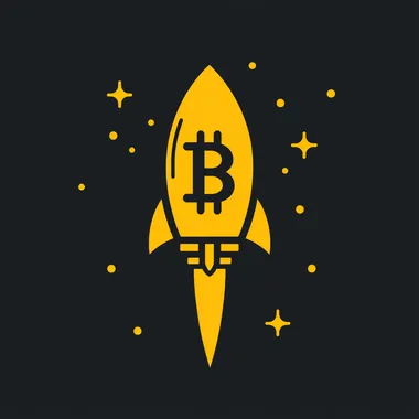A minimalistic bitcoin logo depicting a rocketship
