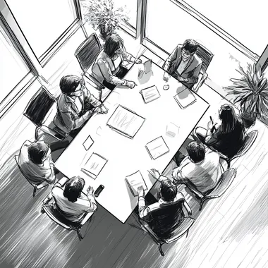 Create a top-down view of a modern meeting room where a diverse group of approximately 6-7 people are in a session, Black and white comic-style storyboard