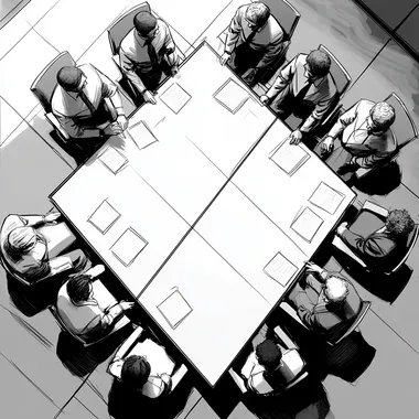 Create a top-down view of a modern meeting room where a diverse group of approximately 6-7 people are in a session, Black and white comic-style storyboard