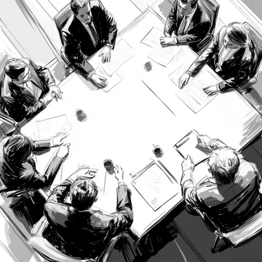 Create a top-down view of a modern meeting room where a diverse group of approximately 6-7 people are in a session, Black and white comic-style storyboard