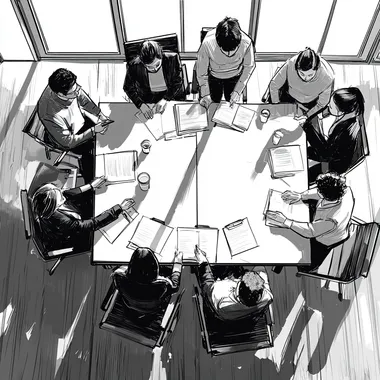 Create a top-down view of a modern meeting room where a diverse group of approximately 6-7 people are in a session, Black and white comic-style storyboard