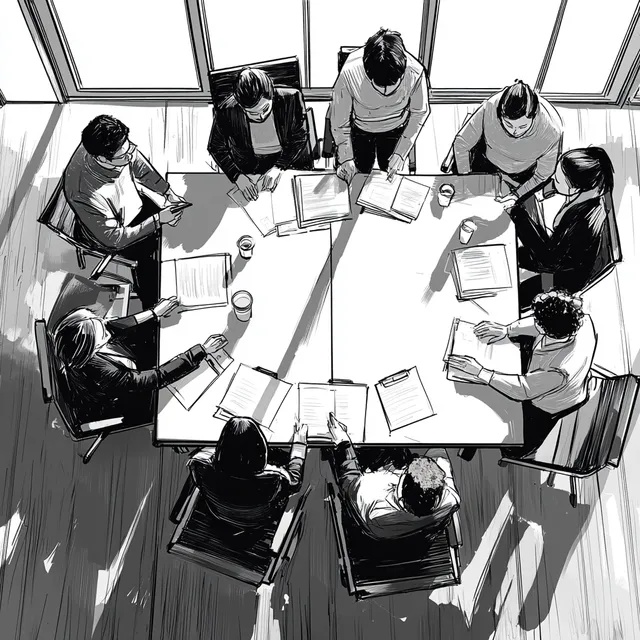Diverse Group in Modern Meeting Room - Top View Comic Style