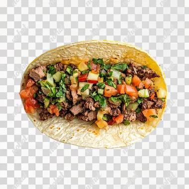 direct front view of a straight horizontal taco. plain white background