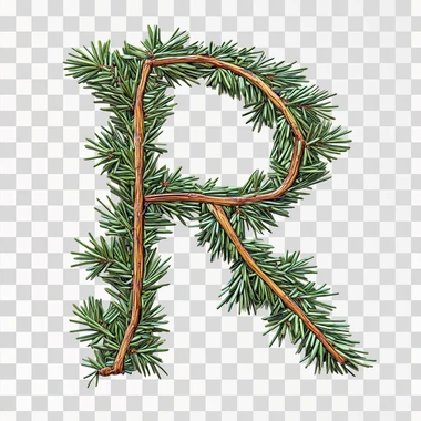 The letter R decorated with needles. The tree has a beautiful green color coniferous branches.