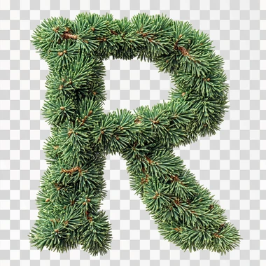 The letter R decorated with needles. The tree has a beautiful green color coniferous branches.
