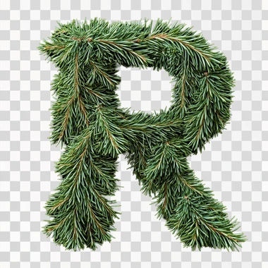 The letter R decorated with needles. The tree has a beautiful green color coniferous branches.