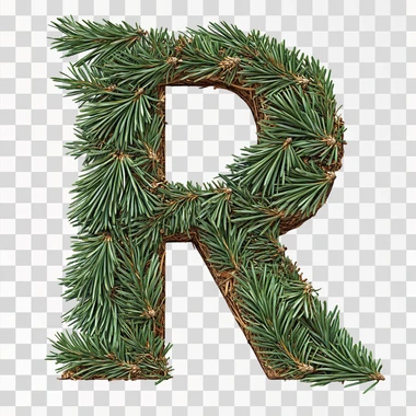 The letter R decorated with needles. The tree has a beautiful green color coniferous branches.