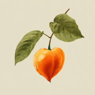 A large orange fruit in heart shape with green stem and green leaves