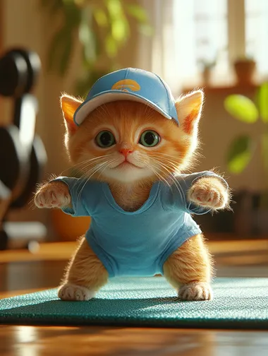 A cute ginger kitten in blue sport uniform shorts and t-shirt, wearing a cap, stretching on an exercise mat inside the bright gym. The cat's pose is one lower leg raise, warm colors, cosy background, in a cartoon style, high resolution, professional lighting and color grading, ultra-realistic,  --s 250