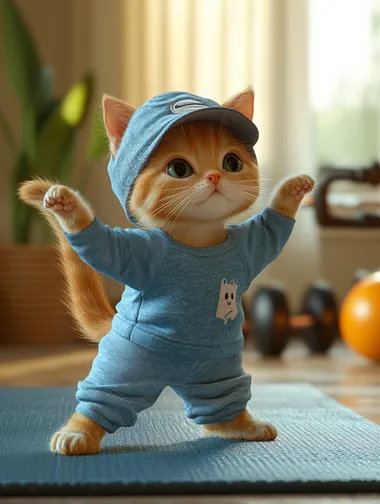 A cute ginger kitten in blue sport uniform shorts and t-shirt, wearing a cap, stretching on an exercise mat inside the bright gym. The cat's pose is one lower leg raise, warm colors, cosy background, in a cartoon style, high resolution, professional lighting and color grading, ultra-realistic,  --s 250