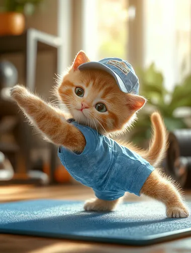A cute ginger kitten in blue sport uniform shorts and t-shirt, wearing a cap, stretching on an exercise mat inside the bright gym. The cat's pose is one lower leg raise, warm colors, cosy background, in a cartoon style, high resolution, professional lighting and color grading, ultra-realistic,  --s 250