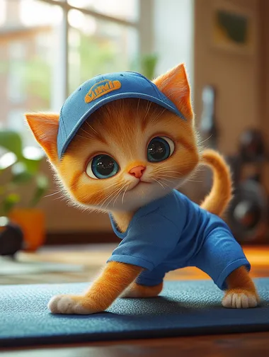 A cute ginger kitten in blue sport uniform shorts and t-shirt, wearing a cap, stretching on an exercise mat inside the bright gym. The cat's pose is one lower leg raise, warm colors, cosy background, in a cartoon style, high resolution, professional lighting and color grading, ultra-realistic,  --s 250