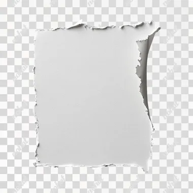 very high quality image , A white piece of paper with torn edges on the left side, isolated against a black background. The top edge is jagged and not straight because it was cut off by hand to create an asymmetrical look. There is some texture in the material and there might be small specks or stains visible at an extreme close-up. This design would work well for graphic elements like text or graphics as they stand out more clearly from the dark backdrop. It could also serve as a blank sheet of paper for writing or drawing in the style of a torn paper effect